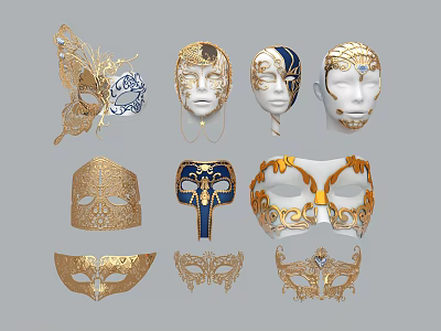 Ornate Venetian Masks With Golden Decorations Blue Patterns Butterfly Designs And Intricate Styles 3d model