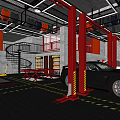 Car Dealership Service Workshop With Red Lifts Gray White Cars And Repair Equipment