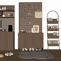 Modern Walnut Shoe Storage Cabinet With Pegboard Wall Coat Bag And Potted Plant
