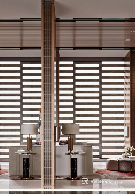 Modern Clubhouse Interior Design With Wooden Blinds And Floor Lamps 3d model 