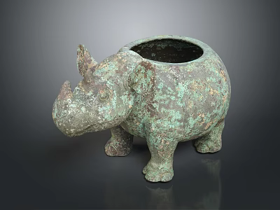Antique Bronze Rhinoceros Shaped Decorative Vessel With Green Patina And Classic Design 3d model