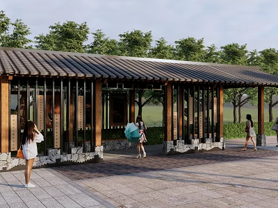 Wooden Roofed Pergola with Green Trees and People Walking in Outdoor Leisure Area 3d model