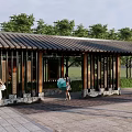 Wooden Roofed Pergola with Green Trees and People Walking in Outdoor Leisure Area