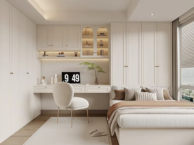 Modern Tatami Bedroom with Built-in Wardrobes Desk Computer Potted Plant and Window Blinds 3d model