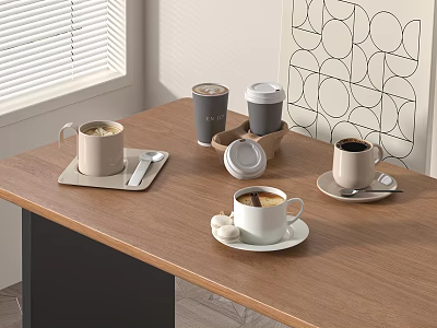 Stylish Various Cups on Wooden Table with Lids White Coffee Cups Small Spoons and Marshmallows 3d model