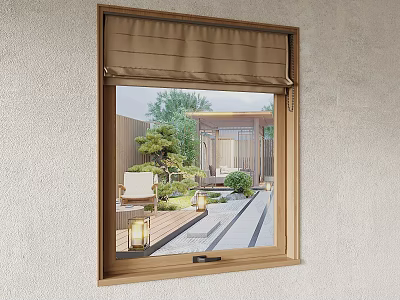Wooden Frame Window View Of Garden Courtyard With Chairs And Plants 3d model