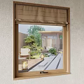 Wooden Frame Window View Of Garden Courtyard With Chairs And Plants