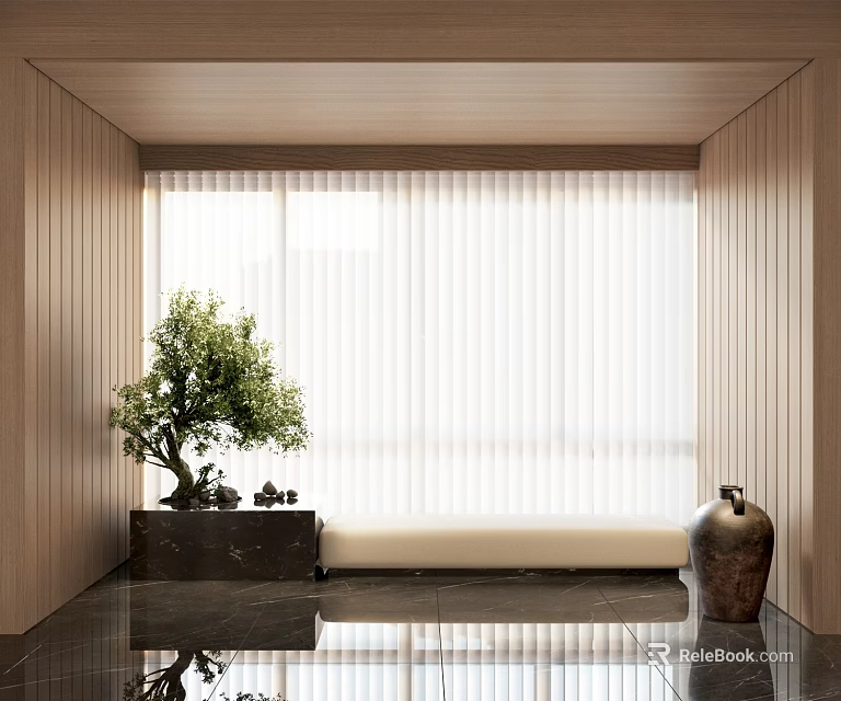 Indoor Public Chair By Large Window With Wooden Walls White Blinds And Green Plant 3d model 