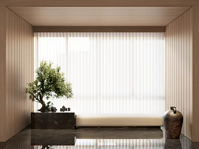 Indoor Public Chair By Large Window With Wooden Walls White Blinds And Green Plant 3d model