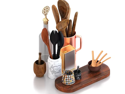 Elegant Tableware Set Display Featuring Wooden Utensils And Various Containers 3d model