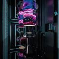 Modern Luxury Interior Featuring Large Colorful Artistic Chandelier Neon Lighting Display Shelves And Reflective Floor