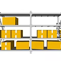 Organized Metal Storage Shelves With Multiple Layers Holding Yellow Boxes