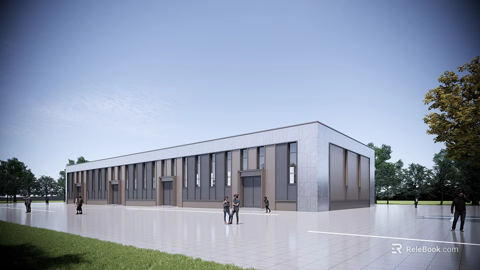 Modern Industrial Factory Building Exterior With Glass Windows Spacious Plaza Pedestrians And Trees 3d model 