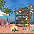 Vibrant Summer Better Life Festival Scene With Palm Trees Sun Loungers And Fire Pit