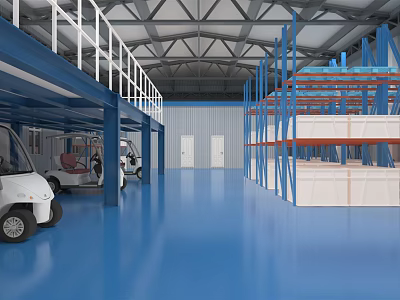 Industrial Warehouse Interior With Blue Flooring Metal Racks Upper Platform And White Utility Vehicles 3d model