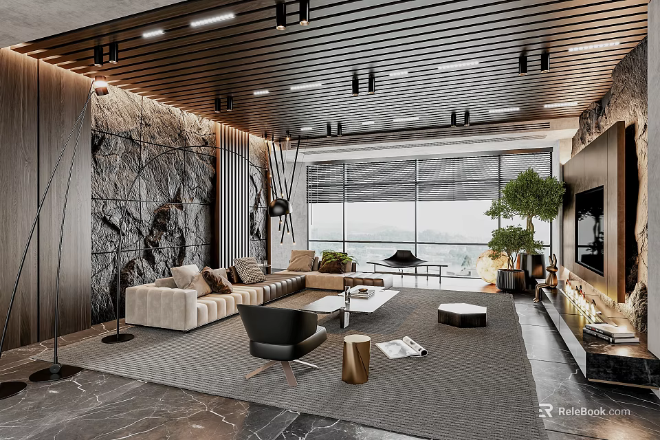 Elegant Modern Living Room Interior With Stone Wall Floor to Ceiling Windows And Beige Sofa 3d model 