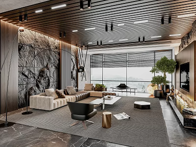 Elegant Modern Living Room Interior With Stone Wall Floor to Ceiling Windows And Beige Sofa 3d model