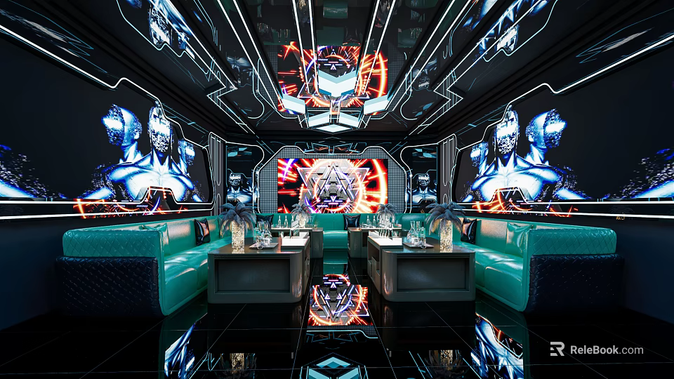 Modern KTV Interior Design With Futuristic Lighting Multiple LED Screens And Comfortable Seating 3d model 
