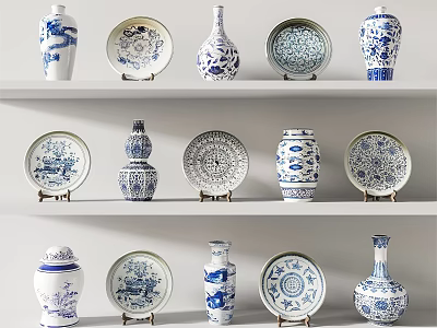 Blue and White Ceramic Vessels with Decorative Patterns Including Vases and Plates Display on Shelves 3d model