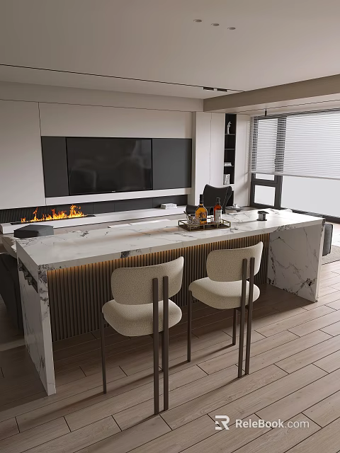 Modern Living Room Interior With Fireplace TV Wall Marble Countertop And Chairs 3d model 