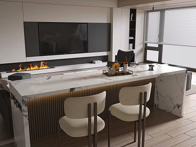 Modern Living Room Interior With Fireplace TV Wall Marble Countertop And Chairs 3d model