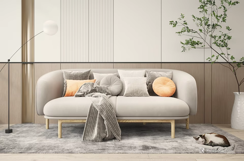 Modern Light Gray Two-Seater Sofa With Colorful Cushions Gray Throw Blanket And Golden Legs 3d model 