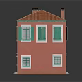 Residential Building With Red Exterior Green Shutters Red Roof Tiles Green Door And Staircase