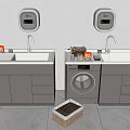Practical Laundry Space Featuring Double Washbasins Hand Dryers Washing Machine And Cabinets