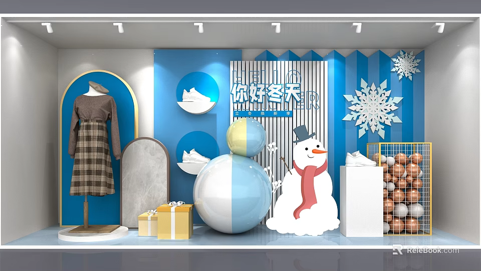 Winter Shop Window Display With Snowman Snowflakes Blue Sphere And Gift Boxes 3d model
