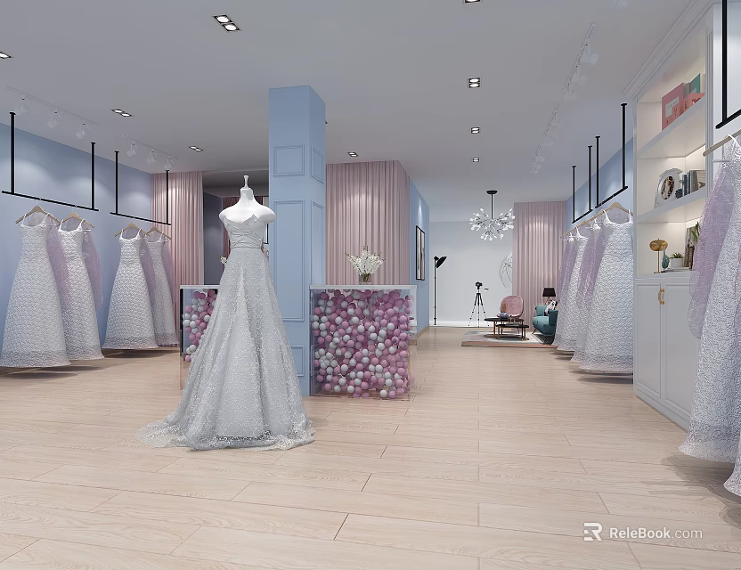 Bridal Shop Interior With Various Wedding Dresses On Display And Floral Decor 3d model 