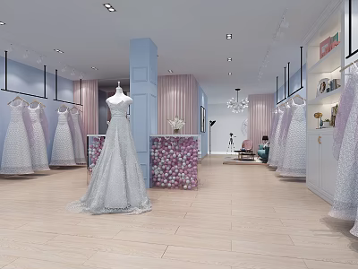 Bridal Shop Interior With Various Wedding Dresses On Display And Floral Decor 3d model