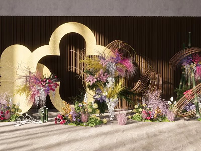 Decorative Scene With Gold Cloud Shaped Decor Colorful Flowers Woven Decorations And Dark Wooden Wall 3d model