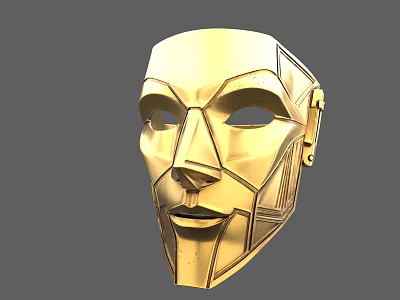 Golden Geometric Mask Sculpture With Detailed Facial Features And Shiny Surface 3d model