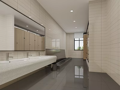 Modern Clean Spacious Public Toilet With Long Wash Counter And Bright Tiled Interior Design 3d model