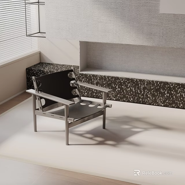 Modern Indoor Leisure Chair With Black Cushion And Metal Frame Against Textured Wall 3d model 