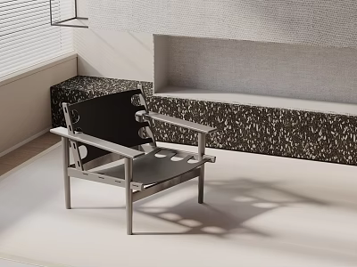Modern Indoor Leisure Chair With Black Cushion And Metal Frame Against Textured Wall 3d model