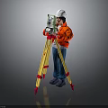 Surveyor In Orange Jacket Using Theodolite On Yellow Tripod With White Safety Helmet