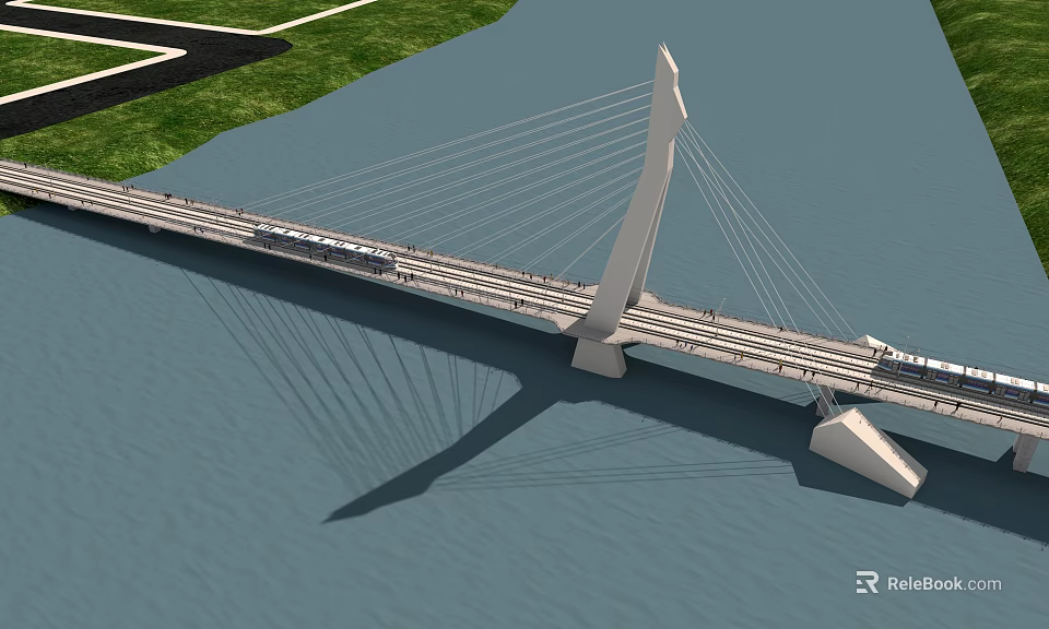 Modern Cable Stayed Bridge with Tall Pylon River Train and Pedestrian Walkway 3d model 