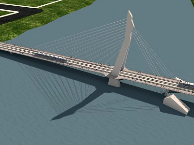 Modern Cable Stayed Bridge with Tall Pylon River Train and Pedestrian Walkway 3d model