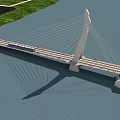 Modern Cable Stayed Bridge with Tall Pylon River Train and Pedestrian Walkway 3d model