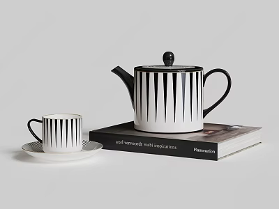 Modern Black And White Striped Tea Set With Teapot Teacup And Saucer On Books 3d model