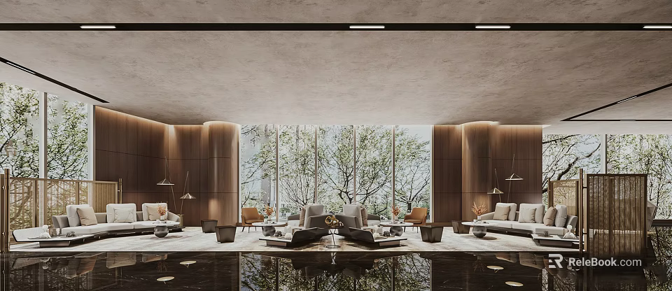 Modern Sales Office Lobby Interior With Large Windows Wooden Walls And Green Plants 3d model 