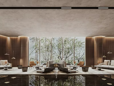 Modern Sales Office Lobby Interior With Large Windows Wooden Walls And Green Plants 3d model