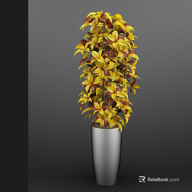 Tall Bushy Bonsai Plant With Yellow Red Leaves In Silver Modern Pot 3d model 