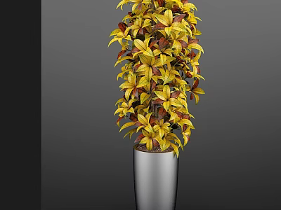 Tall Bushy Bonsai Plant With Yellow Red Leaves In Silver Modern Pot 3d model