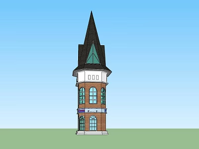 Tower with Pointed Roof Brown Brick White Base Green Windows and Blue Sign 3d model