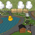 Scenic Wall Landscape With Yellow Rubber Duck Pond Wooden Huts and Green Area