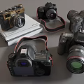 Vintage and Modern Digital Cameras Including Canon Nikon DSLR Models On Books