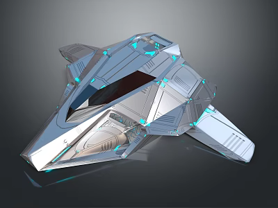 Futuristic Geometric Concept Aircraft With Metallic Surface And Blue Accent Lights 3d model