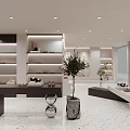 Modern Boutique Store Interior Design With White Display Tables Shelves Green Plants And Terrazzo Floor